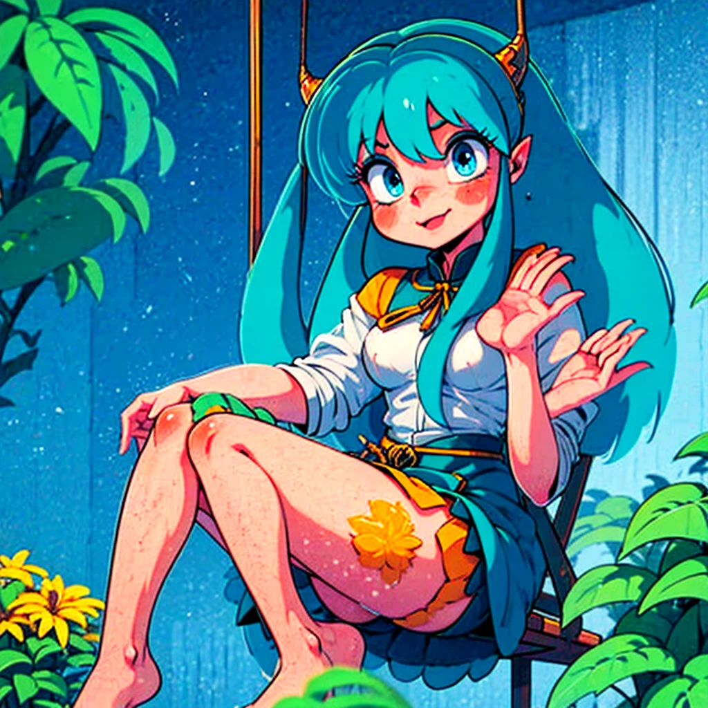 lum, 1girl, long hair, (tiny horns), tiny sharp ears, (score_9, score_8_up, score_7_up), masterpiece, best quality, absurdres, unity, 8k, wallpaper, hi res, highly detailed face, highly detailed eyes, blue eyes, (intricate details:1.4), (two-tone hair, green hair, aqua hair:1.1), teenager, chinese clothes, off shoulder, source_anime, medium breasts, outdoors, vines, flowers, garden, bellybutton, swing, sitting on swing, tree, hanging legs, blush, knees together, open mouth, half closed eyes, smiling, shiny skin, curved tail, barefoot, wet skin, closed mouth, wet hair, full body, detailed eyes, detailed face, beautiful detailed eyes, beautiful detailed lips, extremely detailed eyes and face, long eyelashes, young teenage girl, indifferent facial expression, blue eyes, barefoot, gloomy atmosphere, (best quality,4k,8k,highres,masterpiece:1.2),ultra-detailed,intricate details,cinematic lighting,moody colors,