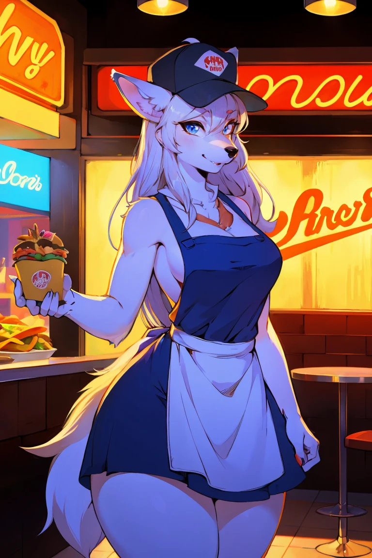 furry_girl,mature female,Lovely,Wolf_girl,Fast Food Worker,The graceful figure,Height 193 cm,Model figure_type,detailed_Eye,silver_hair,Lovely_ear,messy uniform, apron, hat, fry basket, greasy fast food, bright lights, neon signs, modern fast food restaurant interior, cinematic lighting, dramatic shadows, warm color tones,Smile,(front:1.5),(hairy:1.5),Long eyelashes,Flowing chiffon,Well-proportioned body,(Thick thighs:1.1),Perfectly detailed facial features,(perfect detailed Eye:1.5),silky long hair,masterpiece, best quality, Ultra-high quality, Ridiculous details,(best quality,4K,8K,high resolution,masterpiece:1.2),ultra-detailed