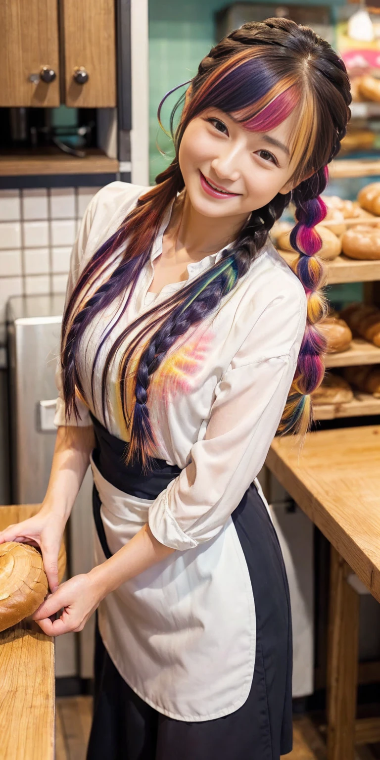 ((holding a large loaf of bread))、
12 year old girl、
Day本アイドル、

Cute Smile、
Lewd smile、　
Panting face、Pant voice、
Fluid organization:1.6), One beautiful girl with really wild hair, (Colorful wavy hair:1.2),( Two long braids:1.2), (Long wild hair:1.2), (Multicolored Hair: 1.9),Cute smile
Bakery Sales Staff、

Angle from directly below、
Low - Angle、スーパーLow - Angle、
apron、
blouse(See-through)、
はだけるblouse、
My shirt is open、
Open shirt、
hot pants、
ピンク色のhot pants、I can see a little underwear、Thighs、Butt、Beautiful buttocks、
I'm cleaning、
I'm wiping the floor.、Wipe the floor with a rag、
Bend over to clean、




clear、serious
Bakery Cafe、bread
Bakery clerk、Day本アイドル、

(masterpiece), (Highest quality:1.4), Absurd, [:Intricate details:0.2],  (View your viewers:1.2), Day,  reflection、
Reddish hair，Golden Student，enjoy，Moist，肉感Thighs，Slim figure，Moist, Glowing pink skin，transparent，Mature Woman，Affectionate expressions，情熱的に取り組んでいます

Day本アイドル