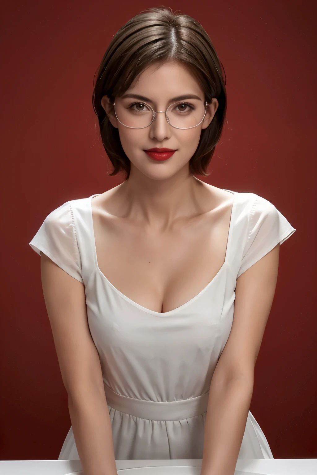 Tabletop, Highest quality, Realistic, Very detailed, finely, High resolution, 8k wallpaper, RAW Photos, Professional, High level of detail, 1 Girl, (((Red lips))), ((Silver-rimmed glasses)), ((Looking into the camera)), Plain background, Upper Body, (short hair), (((Straight Hair))), Shapely large breasts, Cleavage, see-through v neck dress