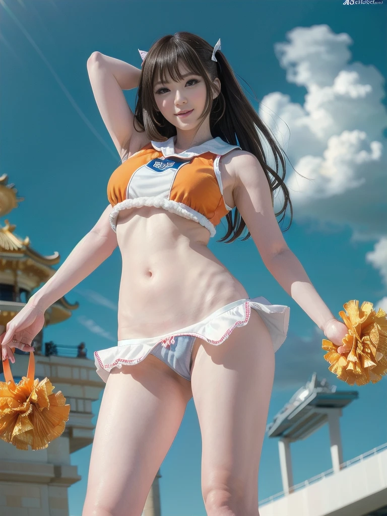 Very cute and beautiful cheerleader girl,(Very detailed美しい顔),(With pom-poms:1.12),(smile), (Stadium Stand),Cowboy Shot,Dynamic pose,Lift one leg high above your head、Ultra-thin string scanty panties,(Orange sleeveless shirt),Beautiful legs,Looking at the audience,Black Hair,Huge breasts、 (Highest quality,masterpiece:1.2),Confused,High resolution,Very detailedな,Very detailed,32k,8K resolution, Intricate details,Movie Scenes,Detailed Background,alone,Dynamic Angle, Hair blowing in the wind,Beautifully detailed skies,