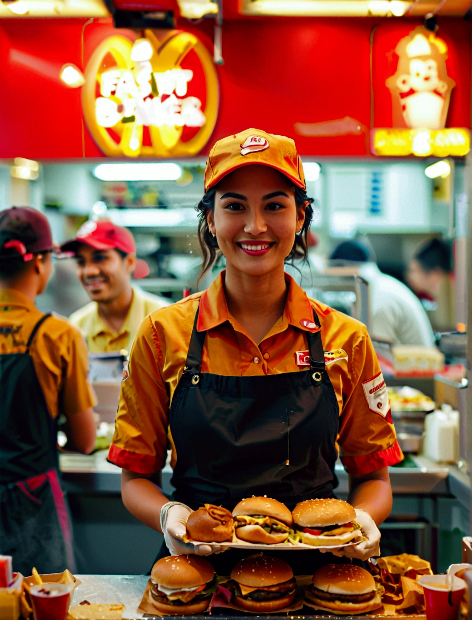 Aphotorealistic, ultra-detailed representation of a dedicated fast food worker serving customers behind the counter in an upper body shot. The individual, showcasing a genuine smile, is skillfully multitasking, handling various orders with precision and attention to detail. Their uniform, emblazoned with the familiar logos of the fast food chain, is worn neatly, and their hands move with dexterity as they assemble meals. The background is a blur of movement, customers lining up to place their orders. The scene is brightly lit, highlighting the worker's focused expression and the intricate mechanisms of the fast food assembly line. The image is shot in 8K UHD, gigantic breasts, giga_busty