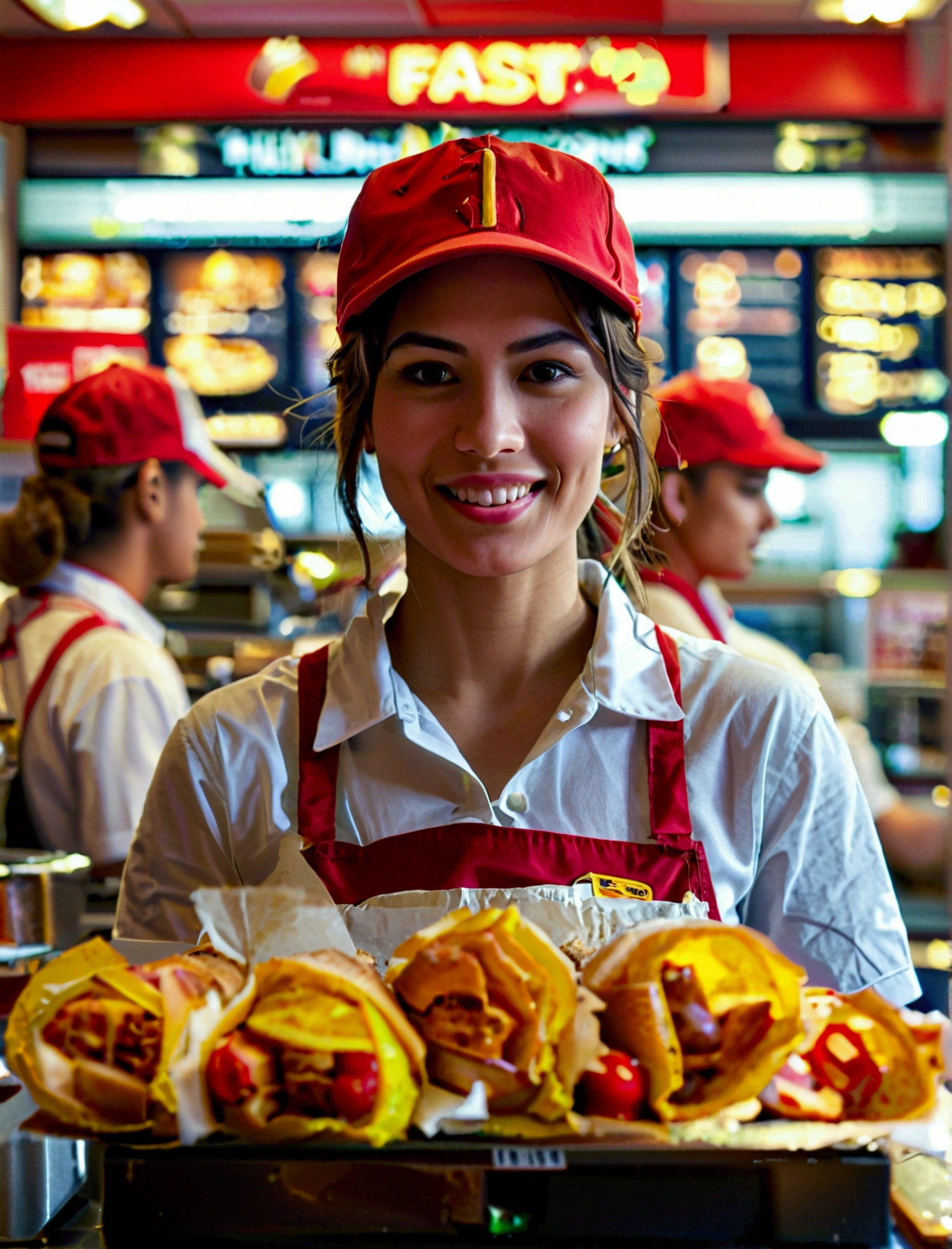 Aphotorealistic, ultra-detailed representation of a dedicated fast food worker serving customers behind the counter in an upper body shot. The individual, showcasing a genuine smile, is skillfully multitasking, handling various orders with precision and attention to detail. Their uniform, emblazoned with the familiar logos of the fast food chain, is worn neatly, and their hands move with dexterity as they assemble meals. The background is a blur of movement, customers lining up to place their orders. The scene is brightly lit, highlighting the worker's focused expression and the intricate mechanisms of the fast food assembly line. The image is shot in 8K UHD, gigantic breasts, giga_busty