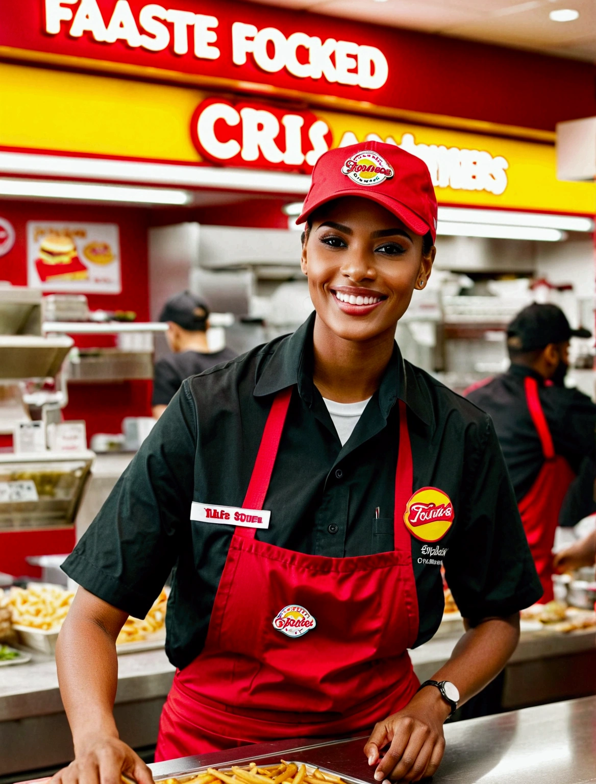 Aphotorealistic, ultra-detailed representation of a dedicated fast food worker serving customers behind the counter in an upper body shot. The individual, showcasing a genuine smile, is skillfully multitasking, handling various orders with precision and attention to detail. Their uniform, emblazoned with the familiar logos of the fast food chain, is worn neatly, and their hands move with dexterity as they assemble meals. The background is a blur of movement, customers lining up to place their orders. The scene is brightly lit, highlighting the worker's focused expression and the intricate mechanisms of the fast food assembly line. The image is shot in 8K UHD, gigantic breasts, giga_busty