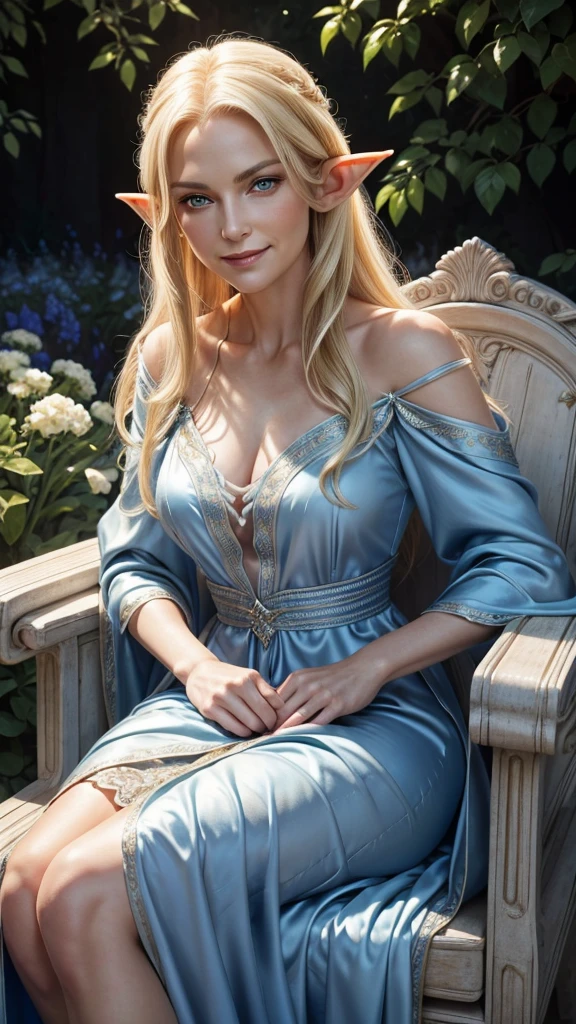 RAW shooting, real photo, highest quality, natural light, beautiful older woman, elegant elf queen, mature face, blonde, blue eyes, evil smile, smug, sitting outside in a garden, wearing a beautiful silky fantasy dress