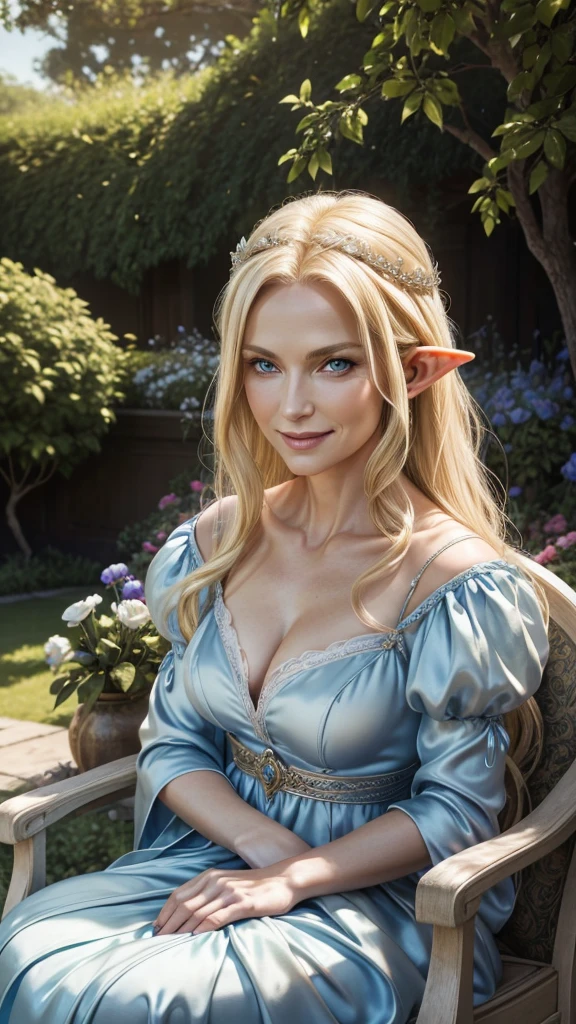 RAW shooting, real photo, highest quality, natural light, beautiful older woman, elegant elf queen, mature face, blonde, blue eyes, evil smile, smug, sitting outside in a garden, wearing a beautiful silky fantasy dress
