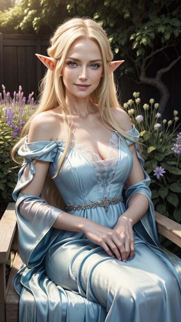 RAW shooting, real photo, highest quality, natural light, beautiful older woman, elegant elf queen, mature face, blonde, blue eyes, evil smile, smug, sitting outside in a garden, wearing a beautiful silky fantasy dress