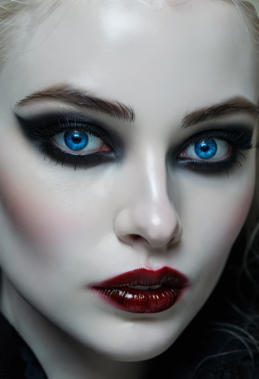 ((masterpiece)), Ultra-realistic, Portrait of a beautiful pale skinned vampire (Black enamel), Heavy makeup, Bright Blue Eyes, In a dark and gloomy environment.