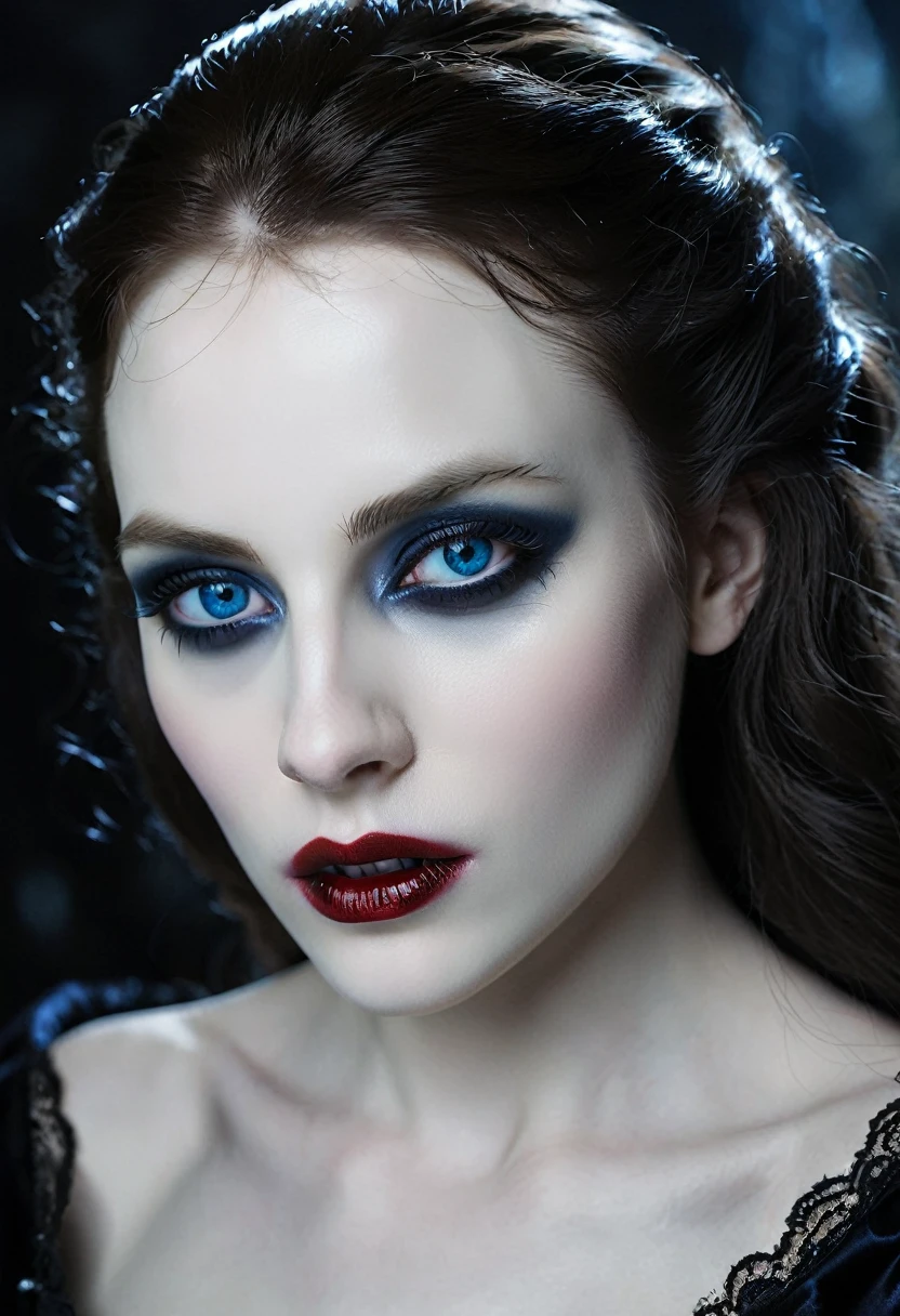 ((masterpiece)), Ultra-realistic, Portrait of a beautiful pale skinned vampire (Black enamel), Heavy makeup, Bright Blue Eyes, In a dark and gloomy environment.