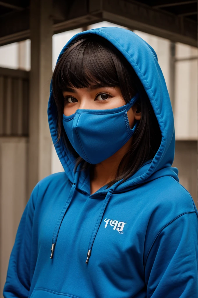 A man with blue hoodie and face fully covered mask. A girls who is afride (19 year old) . Man aiming ciring towards her neck
