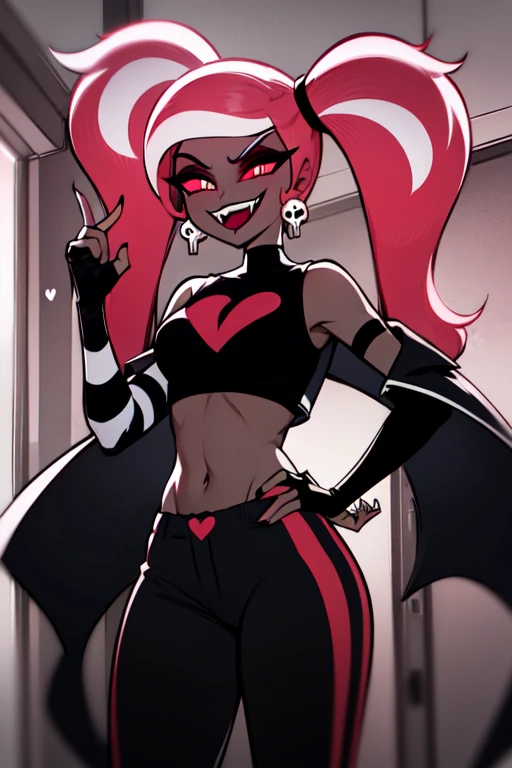 VelvetteHH, dark eyeshadow, white pupils, red sclera, pink hair, two-tone hair, twintails, long hair, skull earrings, colored skin, dark skin, fangs, black jacket, (black crop top:1.4), (crop top with heart design), bare shoulders, fingerless gloves, elbow gloves, (vertical striped pants:1.2), standing, smile, looking at viewer, indoors