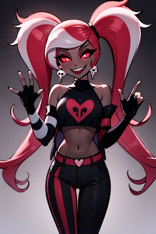 VelvetteHH, dark eyeshadow, white pupils, red sclera, pink hair, two-tone hair, twintails, long hair, skull earrings, colored skin, dark skin, fangs, black jacket, (black crop top:1.4), (crop top with heart design), bare shoulders, fingerless gloves, elbow gloves, (vertical striped pants:1.2), standing, smile, looking at viewer, indoors