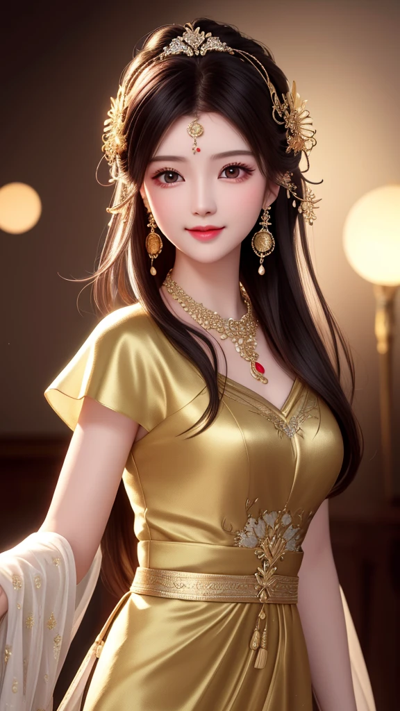 best quality, masterpiece, highres, 1girl, transparent silk china dress, beautiful face, hair ornament, looking at viewer, smile, closed mouth,lips, dress,hair ornament, necklace, jewelry, long hair, earrings, Beautiful face,upon_body, tyndall effect,photorealistic, dark studio, rim lighting, two tone lighting,(high detailed skin:1.2), 8k uhd, dslr, soft lighting, high quality, volumetric lighting, candid, Photograph, high resolution, 4k, 8k, Bokeh