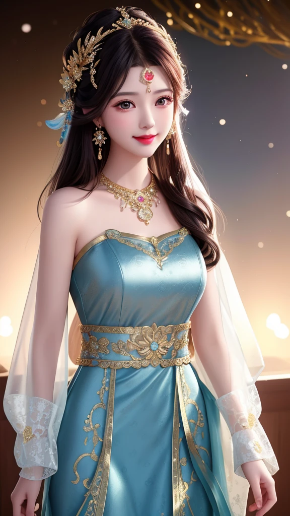 best quality, masterpiece, highres, 1girl, transparent silk china dress, beautiful face, hair ornament, looking at viewer, smile, closed mouth,lips, dress,hair ornament, necklace, jewelry, long hair, earrings, Beautiful face,upon_body, tyndall effect,photorealistic, dark studio, rim lighting, two tone lighting,(high detailed skin:1.2), 8k uhd, dslr, soft lighting, high quality, volumetric lighting, candid, Photograph, high resolution, 4k, 8k, Bokeh