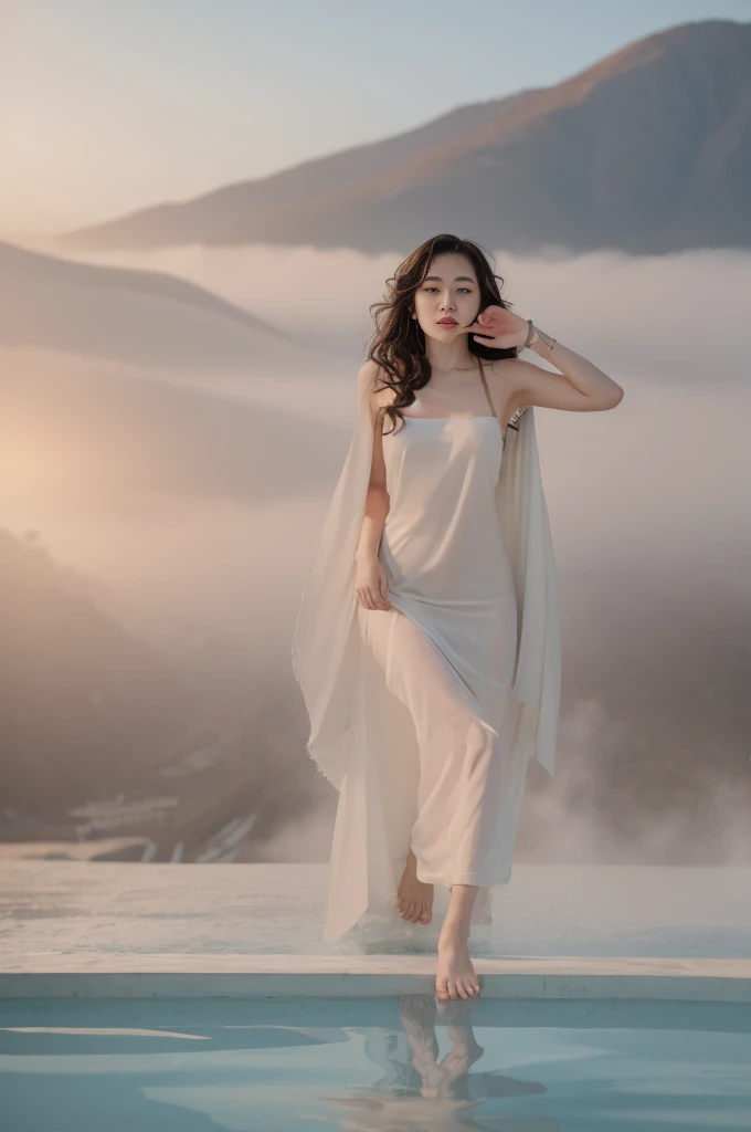 (masterpiece), (best quality:1.4), Ridiculous, [:intricate details:0.2], 1 girl, (naked towel), (fountain, hot spring:1.2), hydrated skin, (FOG:1.2), mist, skin shiny, Glowing skin, (partially submerged in the hot spring:1.2), (wet hair:1.2), mist, wet, moisture,full-body shot