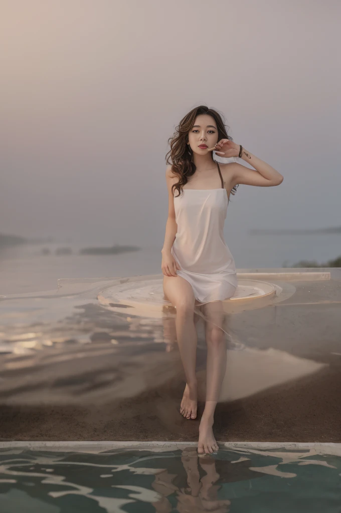 (masterpiece), (best quality:1.4), Ridiculous, [:intricate details:0.2], 1 girl, (naked towel), (fountain, hot spring:1.2), hydrated skin, (FOG:1.2), mist, skin shiny, Glowing skin, (partially submerged in the hot spring:1.2), (wet hair:1.2), mist, wet, moisture,full-body shot