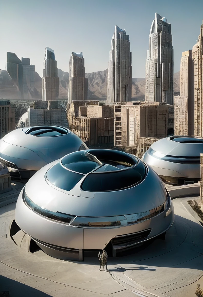 image of actress Charlize Theron dressed as Aeon Flux, linda, She is crouched on the ground and pointing her finger at the sky among the rounded buildings of an abandoned, ultra-futuristic megalopolis city, the city has many metallic buildings with mirrored glass in light colors that reflect the sunlight, alien architecture, the city has shades of metal gray, has beautiful metal structures, dark ultrafuturistic cars on the streets, desert megalopolis, many tall rounded buildings on the horizon, tall futuristic metal buildings, many ultramodern buildings around, as realistic as possible, as detailed as possible, Science fiction, there are 2 planets in the sky through the dense atmosphere