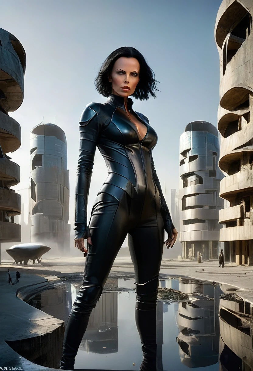 image of actress Charlize Theron dressed as Aeon Flux, linda, She is crouched on the ground and pointing her finger at the sky among the rounded buildings of an abandoned, ultra-futuristic megalopolis city, the city has many metallic buildings with mirrored glass in light colors that reflect the sunlight, alien architecture, the city has shades of metal gray, has beautiful metal structures, dark ultrafuturistic cars on the streets, desert megalopolis, many tall rounded buildings on the horizon, tall futuristic metal buildings, many ultramodern buildings around, as realistic as possible, as detailed as possible, Science fiction, there are 2 planets in the sky through the dense atmosphere
