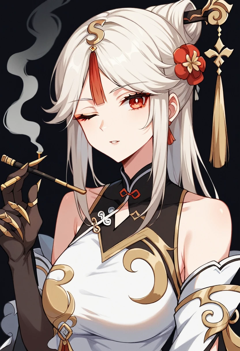 ningguang(genshin impact), 1girl, bare shoulders, black background, black gloves, black and red hair, china dress, chinese clothes, claw ring, detached sleeves, dress, flower, gloves, hair flower, hair ornament, holding, holding smoking pipe, long hair, looking at viewer, one eye closed, parted lips, red eyes, red flower, sidelocks, single hair bun, smoking pipe, solo, tassel, upper body, white hair