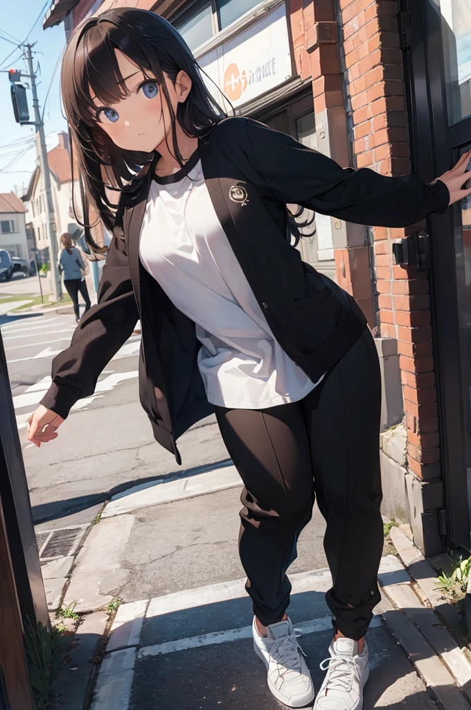 ((best qualityer)), ((work of art)), (detailded), 1 girl,light brown shirt,symbol,black pants,White sneakers,big hair