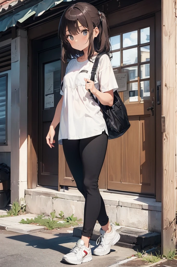 ((best qualityer)), ((work of art)), (detailded), 1 girl,light brown shirt,symbol,black pants,White sneakers,big hair