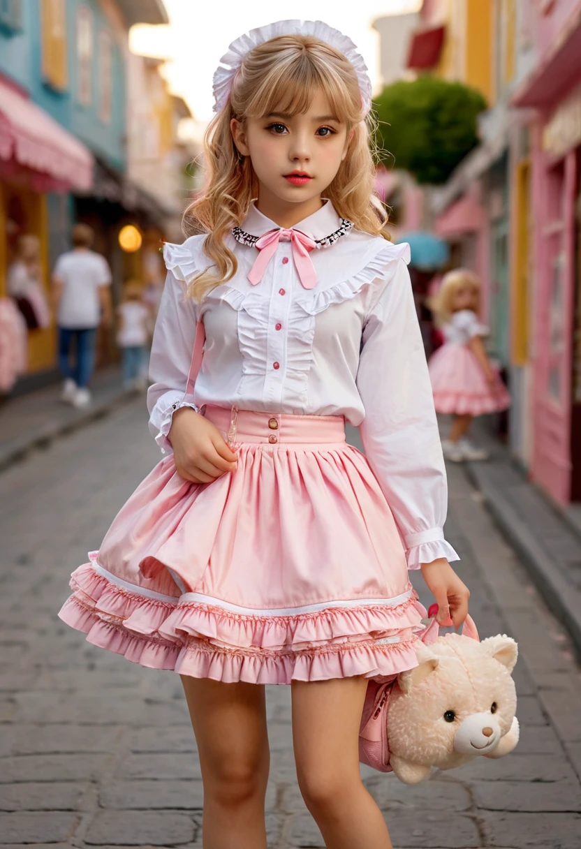 Amazing details, 8k photos, Hyperrealism, Professional Light, Realistic Background, Visual depth, Background blur, Wide-angle lens, whole body, (, cute, change, Flat Chest), One girl, Colored eyes, Blonde, (Lolita fashi1.5), (race, Frilled shirt, White petticoat, sneakers), (stuffed toy), pink cute backpack, street, fashion