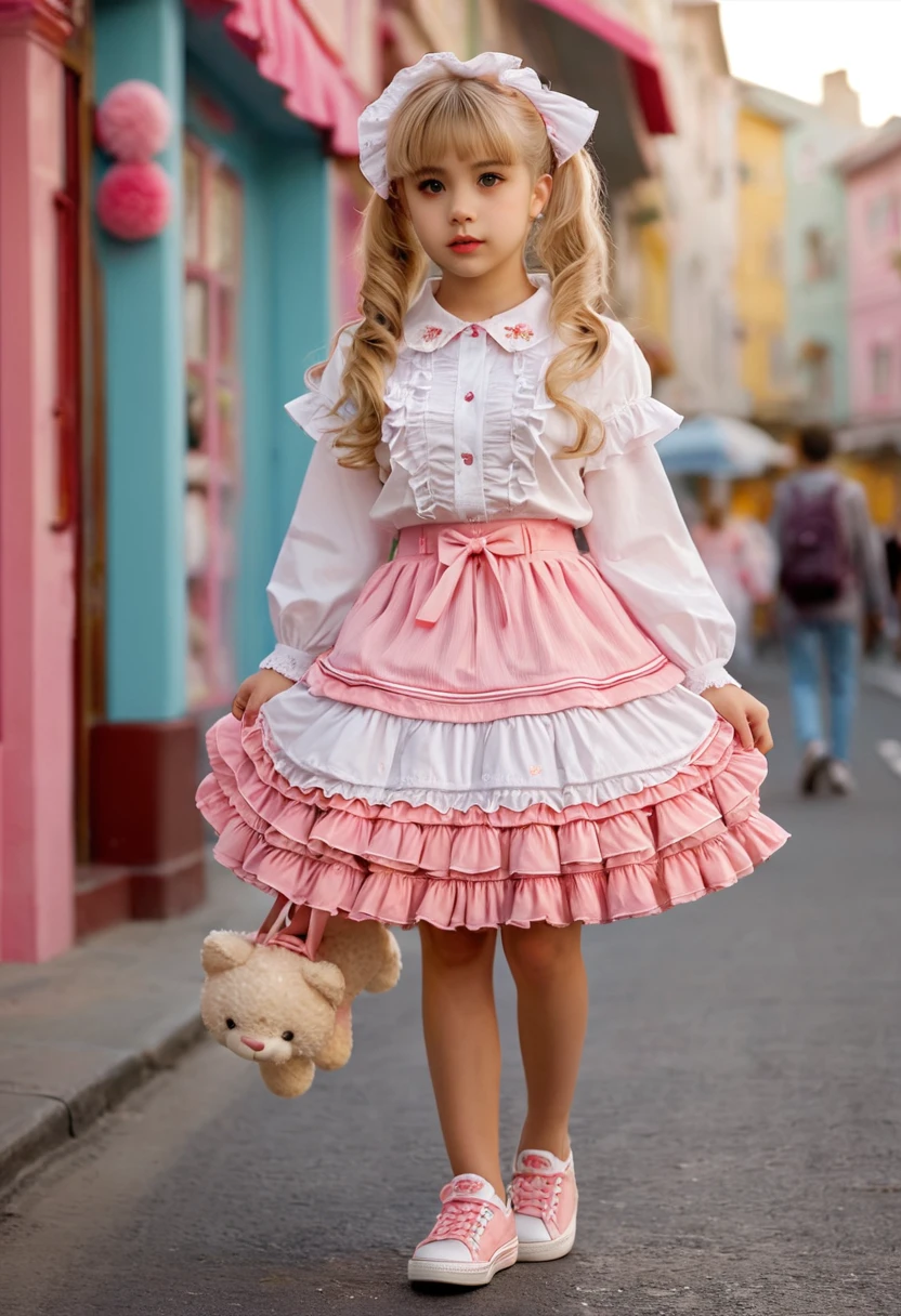 Amazing details, 8k photos, Hyperrealism, Professional Light, Realistic Background, Visual depth, Background blur, Wide-angle lens, whole body, (, cute, change, Flat Chest), One girl, Colored eyes, Blonde, (Lolita fashion: 1.5), (race, Frilled shirt, White petticoat, sneakers), (stuffed toy), pink cute backpack, street, fashion