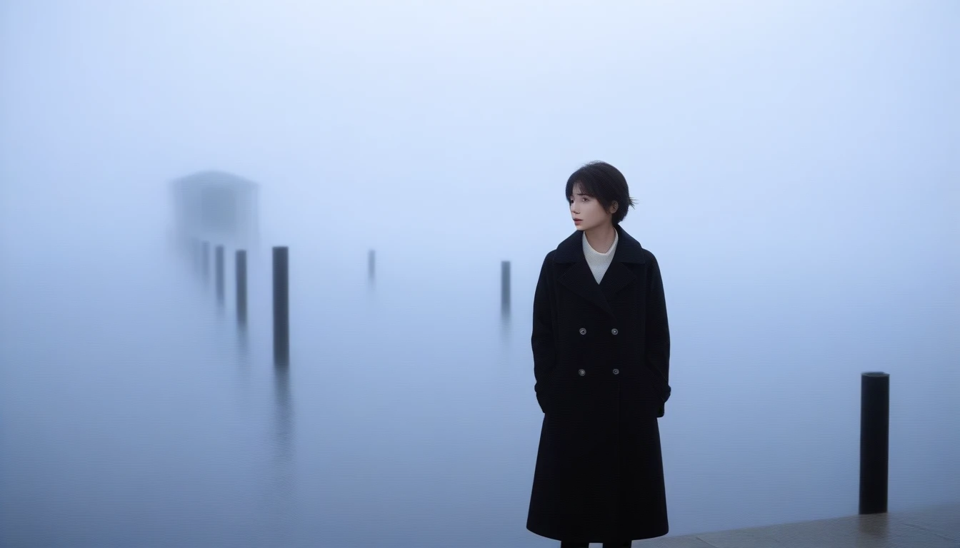 A 36-year-old Korean woman, short hair, Black coat, Solitary, rain, FOG, cold, boring, , pier, only, 멀리 Vaguely visible 등대, coastal, The dim light shines in the FOG,and the figure stands in the FOG holding ,毛毛rain, (명암대rain, light, shadow, film grain, Anatomically correct, precise, Awards, 8K) Realistic photos, Full body shot taken with Canon 16-35 wide angle lens, Natural appearance, Vaguely visible