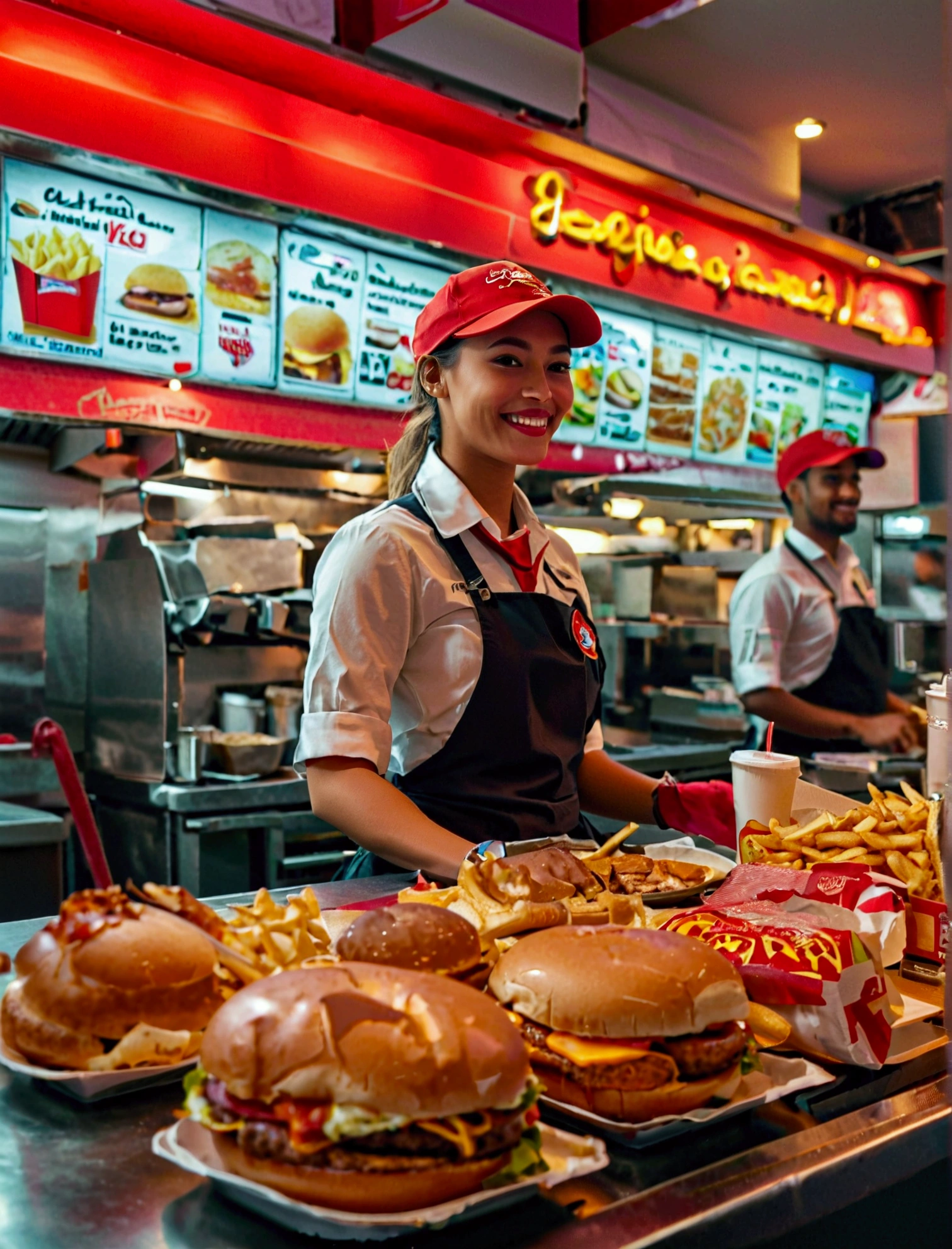 Aphotorealistic, ultra-detailed representation of a dedicated fast food worker serving customers behind the counter in an upper body shot. The individual, showcasing a genuine smile, is skillfully multitasking, handling various orders with precision and attention to detail. Their uniform, emblazoned with the familiar logos of the fast food chain, is worn neatly, and their hands move with dexterity as they assemble meals. The background is a blur of movement, customers lining up to place their orders. The scene is brightly lit, highlighting the worker's focused expression and the intricate mechanisms of the fast food assembly line. The image is shot in 8K UHD, gigantic breasts, giga_busty