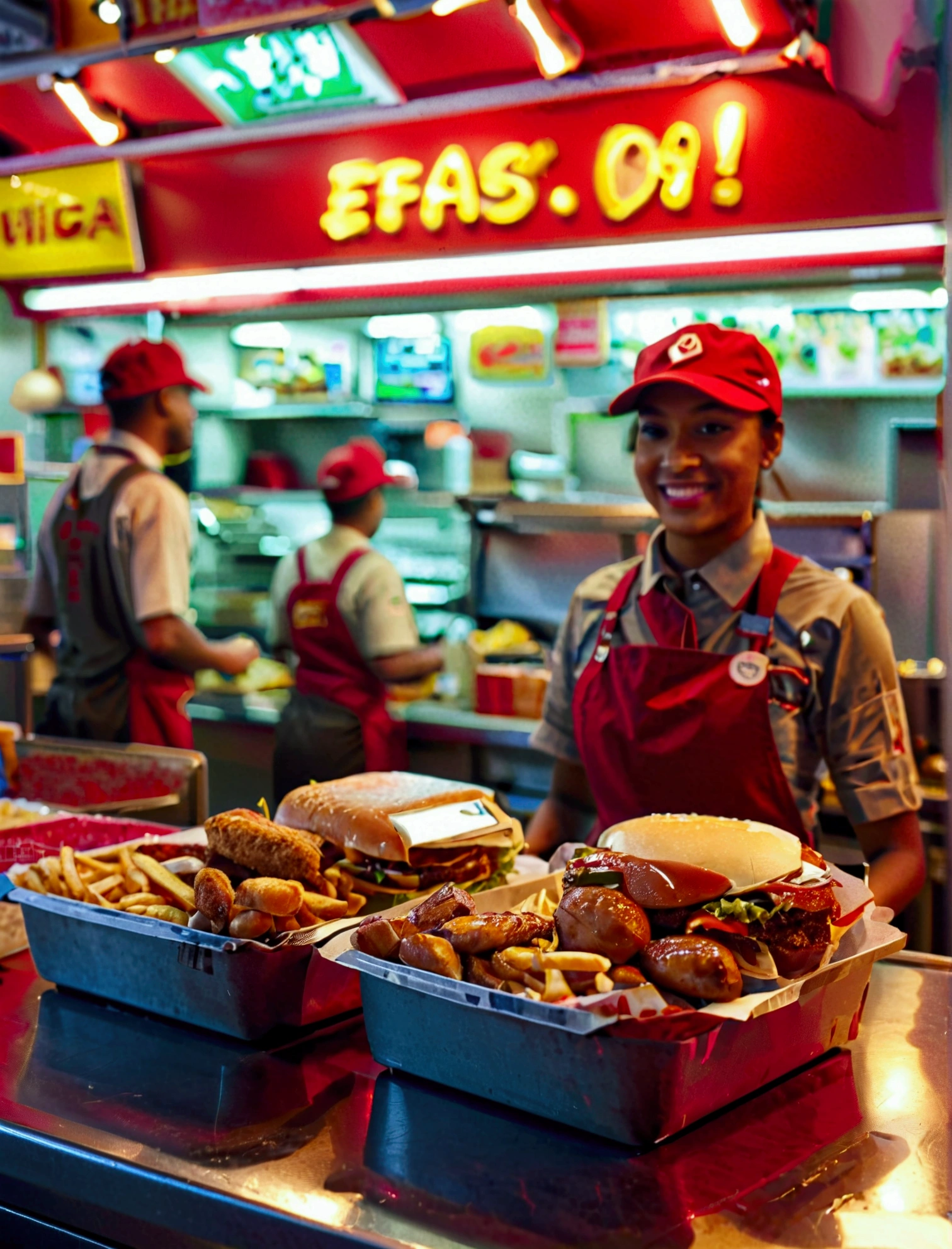 Aphotorealistic, ultra-detailed representation of a dedicated fast food worker serving customers behind the counter in an upper body shot. The individual, showcasing a genuine smile, is skillfully multitasking, handling various orders with precision and attention to detail. Their uniform, emblazoned with the familiar logos of the fast food chain, is worn neatly, and their hands move with dexterity as they assemble meals. The background is a blur of movement, customers lining up to place their orders. The scene is brightly lit, highlighting the worker's focused expression and the intricate mechanisms of the fast food assembly line. The image is shot in 8K UHD, gigantic breasts, giga_busty