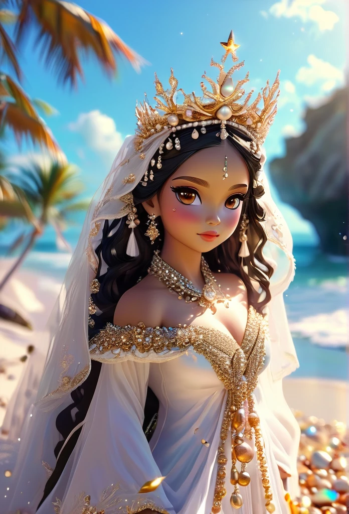 (((QUEEN YEMANJÁ )))on a BEACH with SHELLS STARS OF THE SEA a bright light, Sorceress, beautiful female sorceress, (( Yemanjá UHD ))) With a beautiful crown of shells and pearls, volantes+ribbons+detailed in tone , It should look charming and beautiful, Keep the iconic elements of the original character. Yemanjá must have a sensual round face with large dimensions, clear eyes, long eyelashes and rosy cheeks. Your hair should be in great black tones . Elegant like a queen : Vista-se Chibi em um luxuoso e elegante vestido com detalhes standingrolas dourada . She wears a veil on the shore, The character&#39;s costume is a beautiful light blue lace dress. . standing, . Magic Accessories: Add charming accessories to the chibi, shell necklaces and earrings .Be sure to add shadows, textures and details in the hair, yemanjá accessories, to make you even more charming and charming. Give him a smiling expression and a smile on his face, Capturing the essence of the character in a subtle way, Delicate hands,( beach scenery, deep surrealistic landscape, yemanjá and its mermaids ) 16K