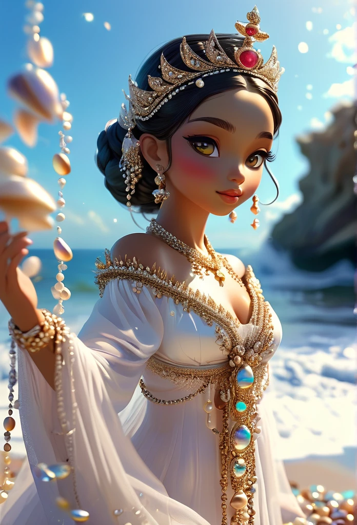(((QUEEN YEMANJÁ )))on a BEACH with SHELLS STARS OF THE SEA a bright light, Sorceress, beautiful female sorceress, (( Yemanjá UHD ))) With a beautiful crown of shells and pearls, volantes+ribbons+detailed in tone , It should look charming and beautiful, Keep the iconic elements of the original character. Yemanjá must have a sensual round face with large dimensions, clear eyes, long eyelashes and rosy cheeks. Your hair should be in great black tones . Elegant like a queen : Vista-se Chibi em um luxuoso e elegante vestido com detalhes standingrolas dourada . She wears a veil on the shore, The character's costume is a beautiful light blue lace dress. . standing, . Magic Accessories: Add charming accessories to the chibi, shell necklaces and earrings .Be sure to add shadows, textures and details in the hair, yemanjá accessories, to make you even more charming and charming. Give him a smiling expression and a smile on his face, Capturing the essence of the character in a subtle way, Delicate hands,( beach scenery, deep surrealistic landscape, yemanjá and its mermaids ) 16K