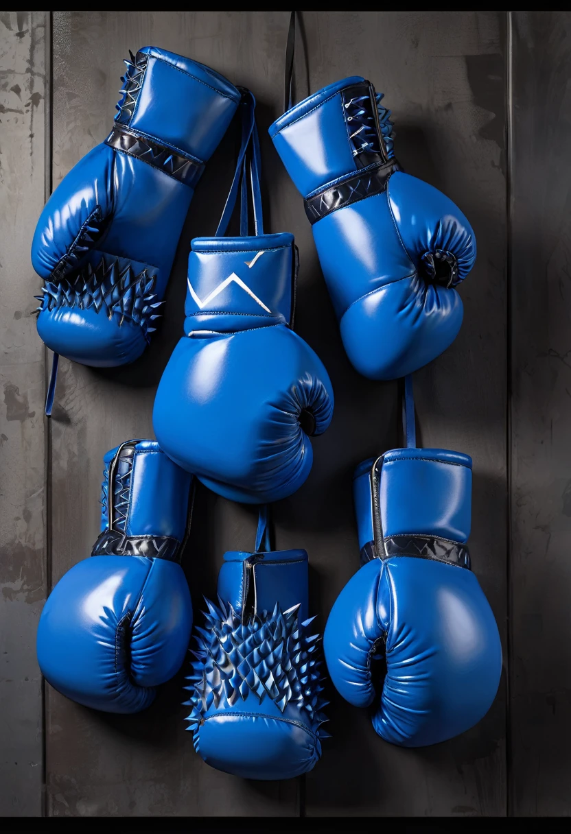 masterpiece, 8k, best quality, highly detailed, a set of blue boxing gloves covered in spikes