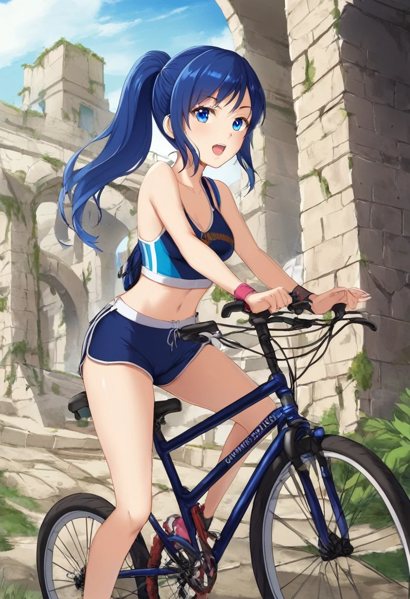 1girl, ponytail, blue hair, blue eyes, rides a bicycle, dolphin shorts, short shorts, maritime ruins