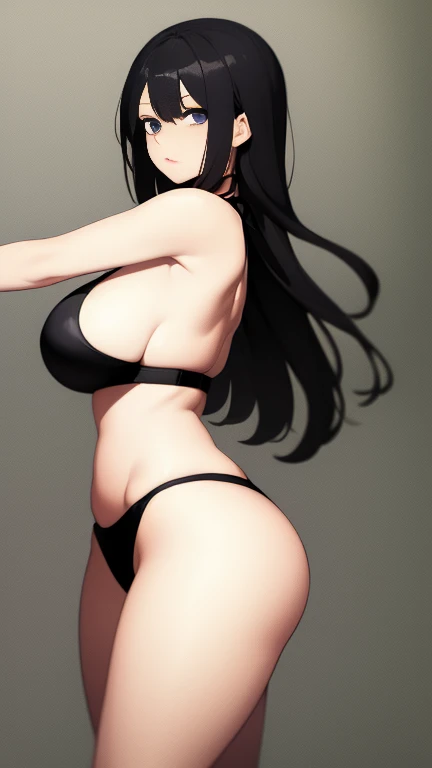 A girl has large breasts and long black hair and is wearing her black bikini 