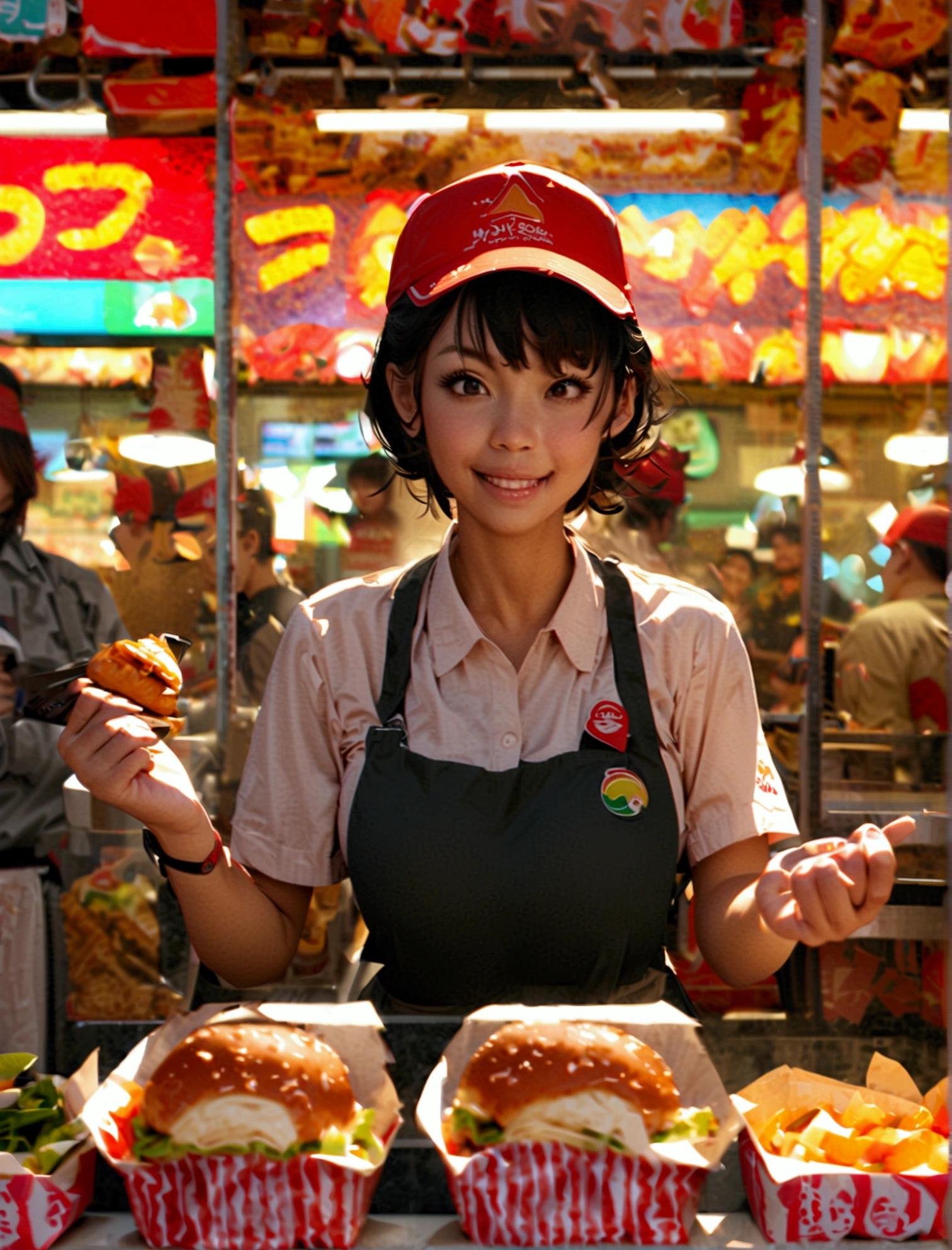 Aphotorealistic, ultra-detailed representation of a dedicated fast food worker serving customers behind the counter in an upper body shot. The individual, showcasing a genuine smile, is skillfully multitasking, handling various orders with precision and attention to detail. Their uniform, emblazoned with the familiar logos of the fast food chain, is worn neatly, and their hands move with dexterity as they assemble meals. The background is a blur of movement, customers lining up to place their orders. The scene is brightly lit, highlighting the worker's focused expression and the intricate mechanisms of the fast food assembly line. The image is shot in 8K UHD, gigantic breasts, giga_busty