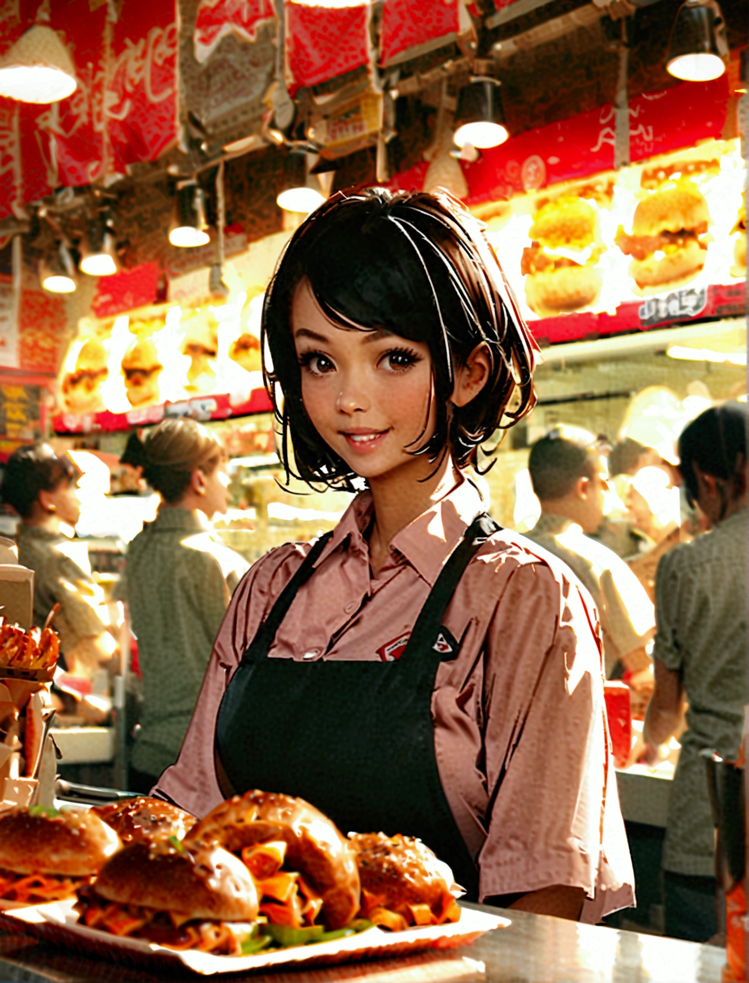 Aphotorealistic, ultra-detailed representation of a dedicated fast food worker serving customers behind the counter in an upper body shot. The individual, showcasing a genuine smile, is skillfully multitasking, handling various orders with precision and attention to detail. Their uniform, emblazoned with the familiar logos of the fast food chain, is worn neatly, and their hands move with dexterity as they assemble meals. The background is a blur of movement, customers lining up to place their orders. The scene is brightly lit, highlighting the worker's focused expression and the intricate mechanisms of the fast food assembly line. The image is shot in 8K UHD, gigantic breasts, giga_busty