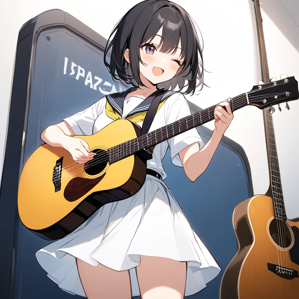 by haru, 1girl, instrument, solo, guitar, one eye closed, skirt, neckerchief, short sleeves, sailor collar, black hair, short hair, shirt, cat, holding instrument, holding, white shirt