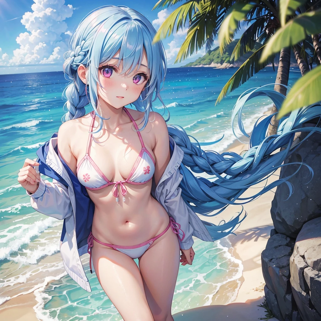 (Sky blue medium hair),(Braided hair tied together)、Pink eyes、Fair skin、(whole body)、(One Girl)、bikini、Shining white sand beach in midsummer、Okinawa&#39;s ocean、A happy smile、、(masterpiece、Highest quality、Very detailed、Best Shadow)、(Detailed Background)、(Beautifully detailed face)、High contrast、(Best lighting、Very delicate and beautiful)、((Cinematic Light))、colorful、Hyper Detail、Dramatic Light、Exquisite detail、Standing with your legs apart