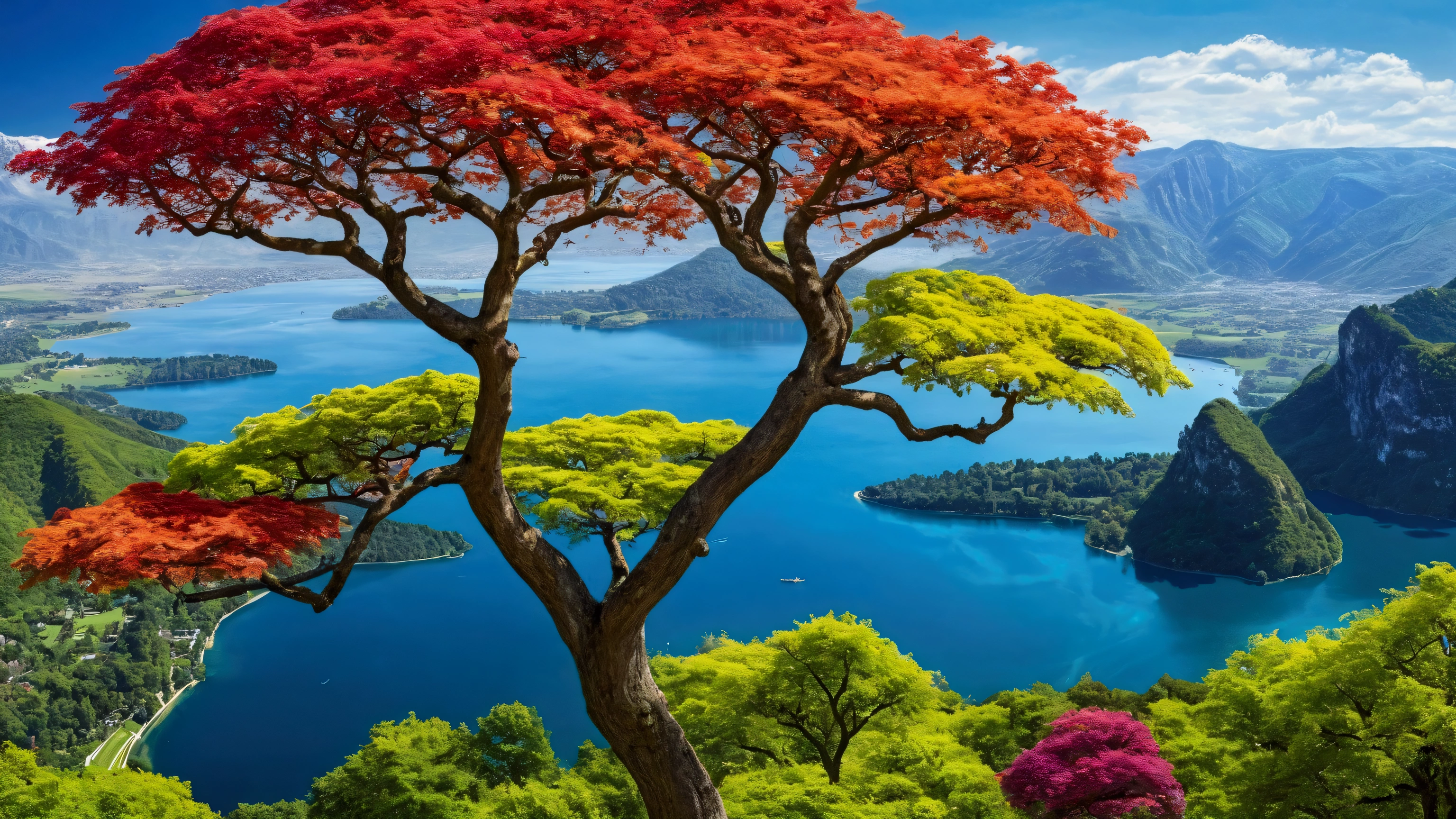 trees that reach the heavens, vibrant colors, The Garden of Eden, beautiful perfection, in perceivable beauty, the first place on earth, lake, mountains, birds eye view, tree of knoledge