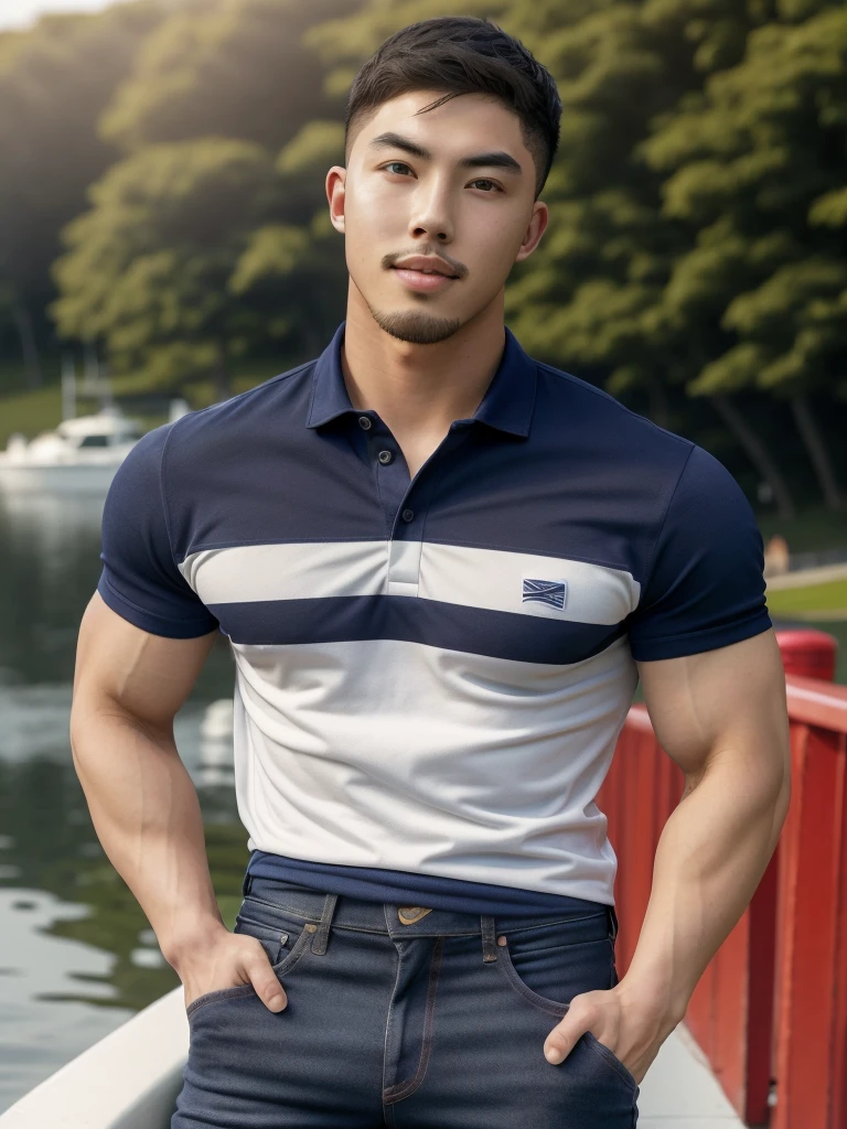 Tony Labrusca, ((realistic daylight)) , Young Korean man in a navy blue polo shirt and jeans, A handsome, muscular young Asian man looks at the camera. In a simple t-shirt blue and red , Waterfront,((look sideways))