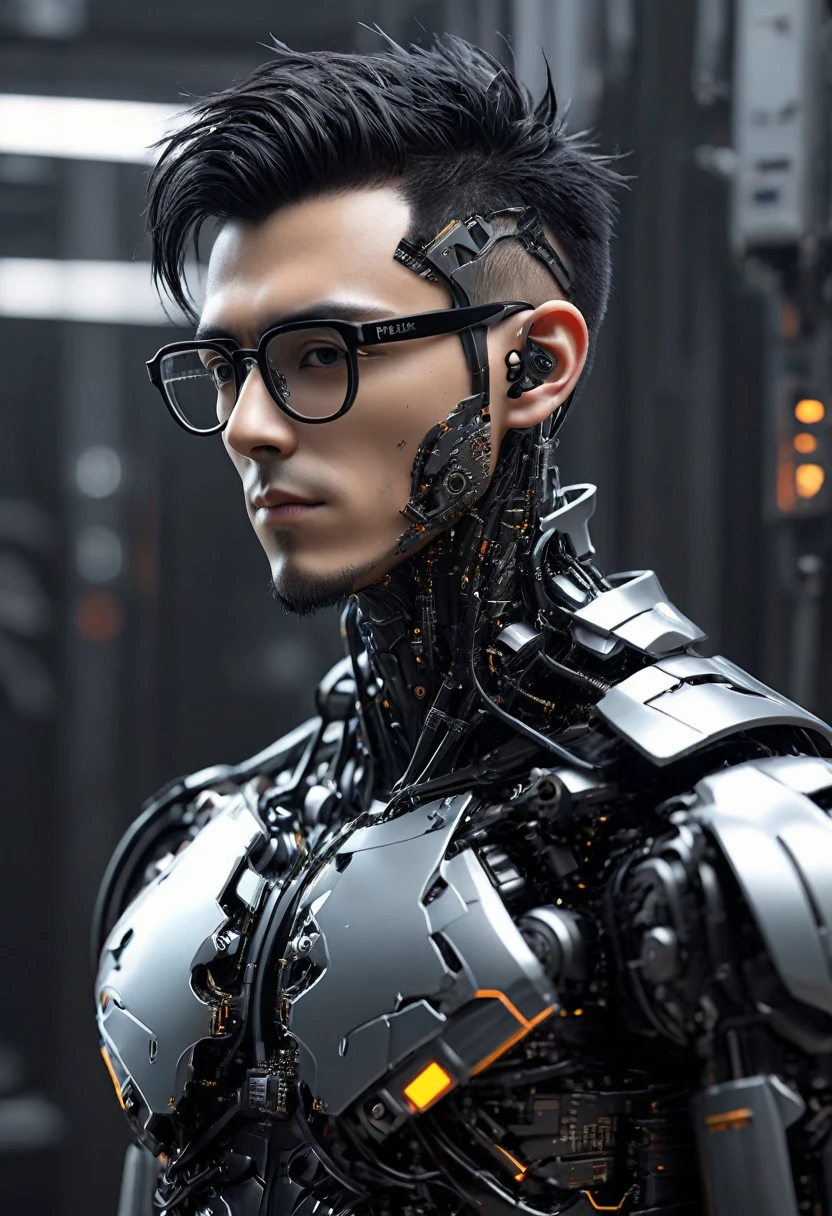 Male robot body hair with black-rimmed glasses with undercut hair, Look to the camera ::futuristic cyberpunk style ,realistic styling ::n_digital painting style, robotic parts, face perfect::seed 1、Black Edged Hair、large nose、Black-based clothing, photo by full body, White background