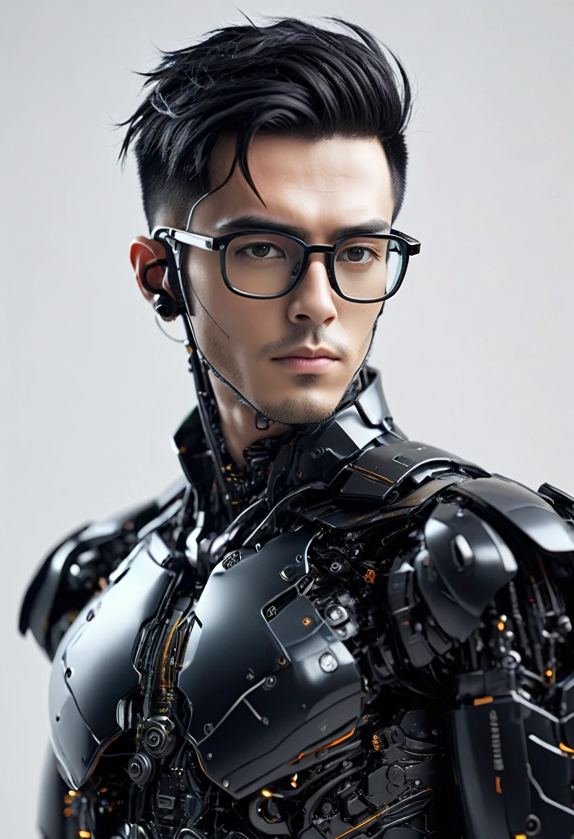 Male robot body hair with black-rimmed glasses with undercut hair, Look to the camera ::futuristic cyberpunk style ,realistic styling ::n_digital painting style, robotic parts, face perfect::seed 1、Black Edged Hair、large nose、Black-based clothing, photo by full body, White background