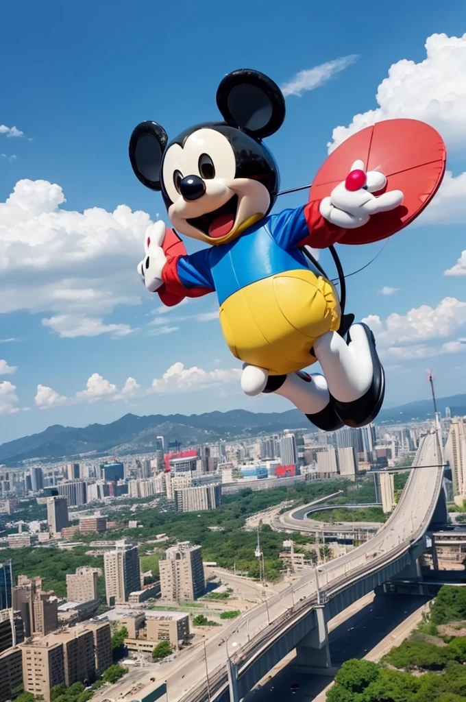 Doraemon and Mickey Mouse combine to fly in the sky on a Takecopter