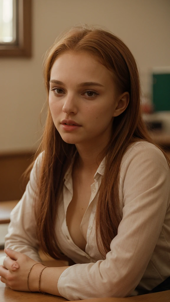 sitting at a table with red hair, Sexy photo of a very young sexy woman, 16 years old, with disheveled copper-red hair , a bit like Scarlett Johansson, juicy figure, big breasts, wonderful big eyes and full lips, at school , In the classroom context, Attire, She is angry, Angry, sits at the table