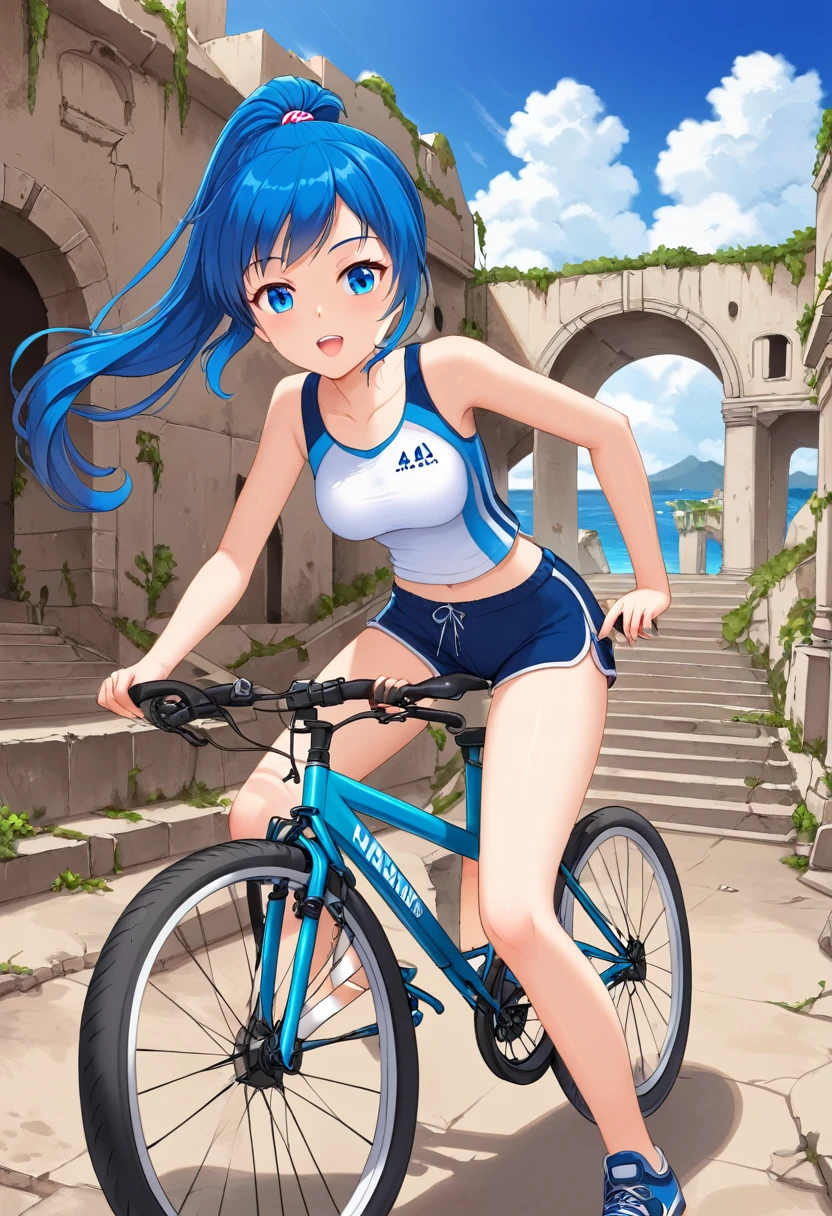 1girl, ponytail, blue hair, blue eyes, rides a bicycle, dolphin shorts, short shorts, maritime ruins

