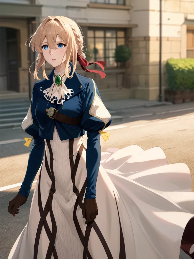 masterpiece, Highest quality, High resolution, Violet Evergarden, Braiding, Hair Ribbon, Red ribbon, jewelry, White Ascot, brooch, Blue jacket, Long sleeve, Brown gloves, White Dress, Long dress, Are standing, Cowboy Shot, Outdoor