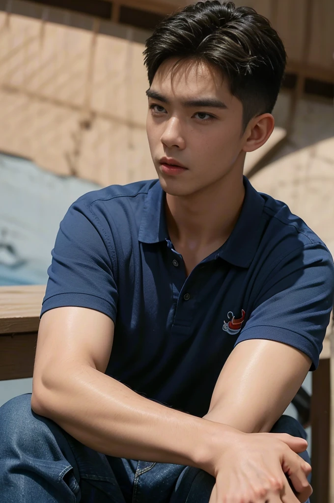 Tony Labrusca, ((realistic daylight)) , Young Korean man in a navy blue polo shirt and jeans, A handsome, muscular young Asian man looks at the camera. In a simple t-shirt blue and red , Waterfront,((look sideways))