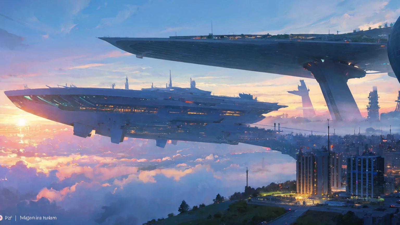 (Best quality,4K,8K,A high resolution,Masterpiece:1.2),Ultra-detailed,(Realistic,Photorealistic,photo-realistic:1.37),Futuristic floating city,Futuristic technology,Huge urban high-tech tablet platform,Airship,Floating in the sky,Futuristic city,Small airships around,High-tech hemispherical platform,Colorful lights,Advanced architecture,modernn architecture,skyscrapper,Access the cloud,Scenic beauty,view over city,Impressive design,Blend seamlessly with nature,energetic and vibrant atmosphere,Futuristic transportation system,Parking is suspended,Transparent path,Lush greenery,Sky gardens,cascading waterfalls,Magnificent skyline,reflections on the water,Sparkling river,Architectural innovation,futuristic skyscrapers,Transparent dome,The shape of the building is unusual,Elevated walkway,Impressive skyline,Glowing lights,Futuristic technology,Minimalist design,Scenic spots,Panoramic view,Cloud Piercing Tower,Vibrant colors,epic sunrise,epic sunset,Dazzling light display,magical ambiance,The future city,Urban Utopia,LuxuryLifestyle,Innovative energy,sustainable development,Smart city technology,Advanced infrastructure,Tranquil atmosphere,Nature and technology live in harmony,Awesome cityscape,Unprecedented urban planning,Architecture connects seamlessly with nature,High-tech metropolis,A cutting-edge engineering marvel,The future of urban living,Visionary architectural concept,Energy-efficient buildings,Harmony with the environment,A city floating above the clouds,Utopian dreams become reality,The possibilities are endless,State-of-the-art transportation network,Green energy integration,Innovative materials,Impressive holographic display,Advanced communication system,Breathtaking aerial view,Quiet and peaceful environment,Modernist aesthetics,Ethereal beauty