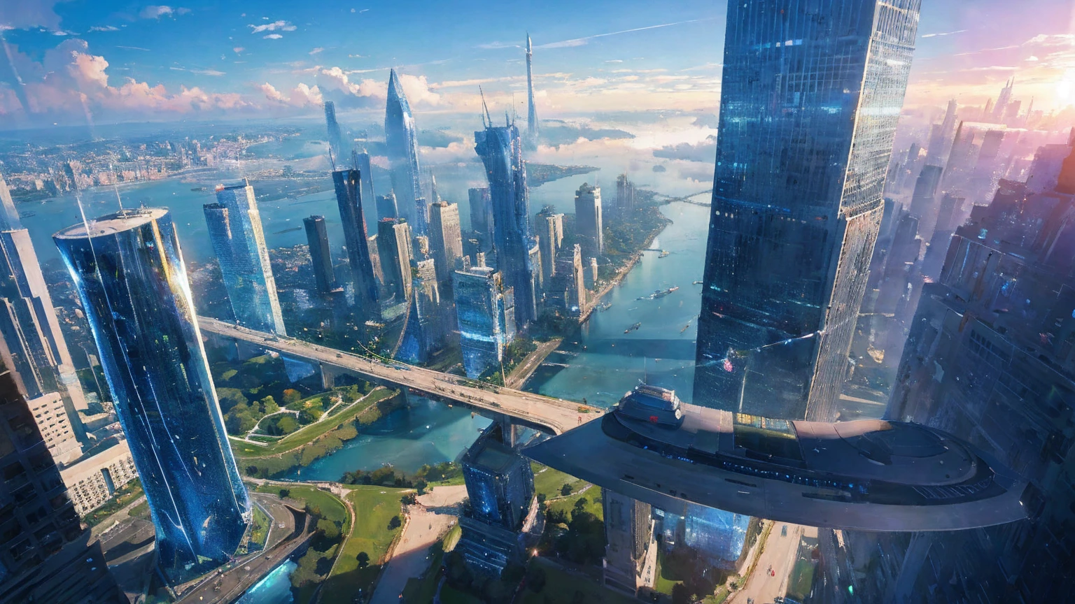 (Best quality,4K,8K,A high resolution,Masterpiece:1.2),Ultra-detailed,(Realistic,Photorealistic,photo-realistic:1.37),Futuristic floating city,Futuristic technology,Huge urban high-tech tablet platform,Airship,Floating in the sky,Futuristic city,Small airships around,High-tech hemispherical platform,Colorful lights,Advanced architecture,modernn architecture,skyscrapper,Access the cloud,Scenic beauty,view over city,Impressive design,Blend seamlessly with nature,energetic and vibrant atmosphere,Futuristic transportation system,Parking is suspended,Transparent path,Lush greenery,Sky gardens,cascading waterfalls,Magnificent skyline,reflections on the water,Sparkling river,Architectural innovation,futuristic skyscrapers,Transparent dome,The shape of the building is unusual,Elevated walkway,Impressive skyline,Glowing lights,Futuristic technology,Minimalist design,Scenic spots,Panoramic view,Cloud Piercing Tower,Vibrant colors,epic sunrise,epic sunset,Dazzling light display,magical ambiance,The future city,Urban Utopia,LuxuryLifestyle,Innovative energy,sustainable development,Smart city technology,Advanced infrastructure,Tranquil atmosphere,Nature and technology live in harmony,Awesome cityscape,Unprecedented urban planning,Architecture connects seamlessly with nature,High-tech metropolis,A cutting-edge engineering marvel,The future of urban living,Visionary architectural concept,Energy-efficient buildings,Harmony with the environment,A city floating above the clouds,Utopian dreams become reality,The possibilities are endless,State-of-the-art transportation network,Green energy integration,Innovative materials,Impressive holographic display,Advanced communication system,Breathtaking aerial view,Quiet and peaceful environment,Modernist aesthetics,Ethereal beauty